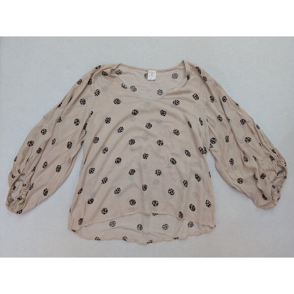 By Together Women's Top Size Large Beige Print Ballon Sleeve Flowy Boho Bohemian - Picture 1 of 11